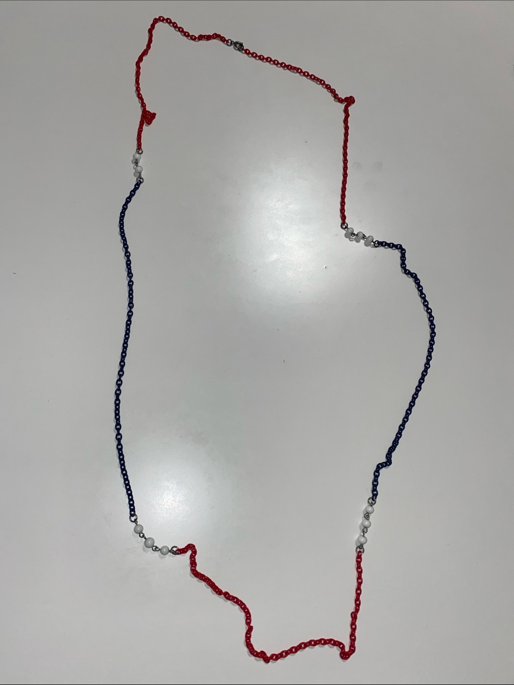 Red and Navy Beaded Long Necklace with White Accent Beads